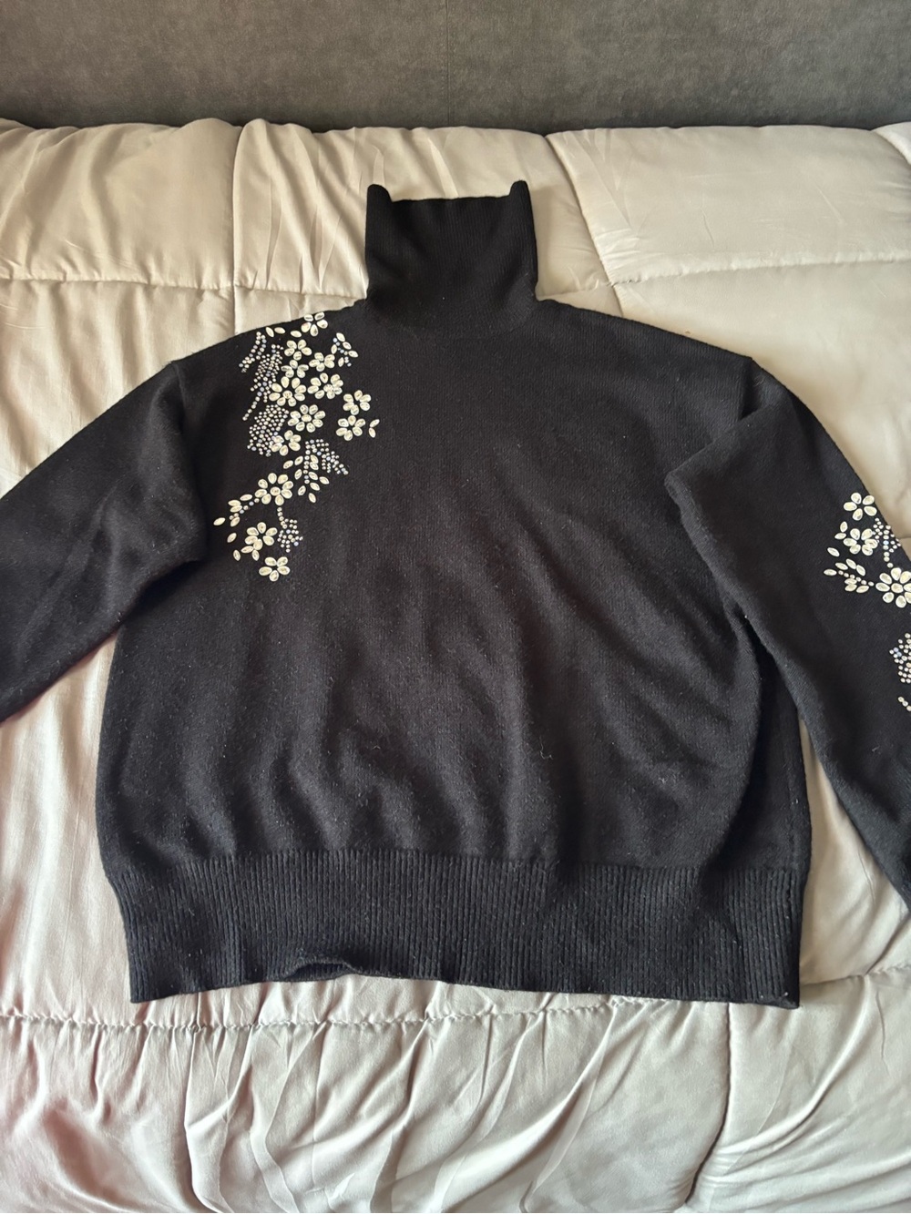 Black Turtleneck Sweater with White Floral Embroidery